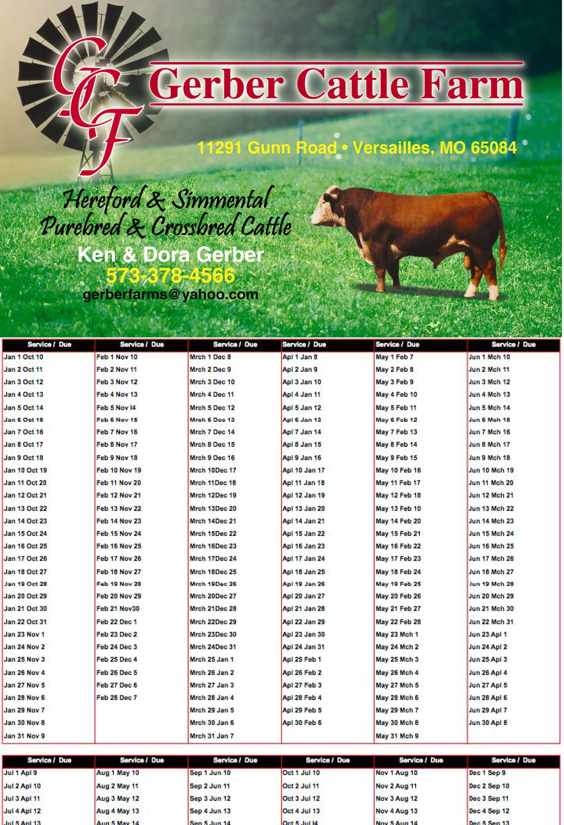 Cattle Gestation Chart